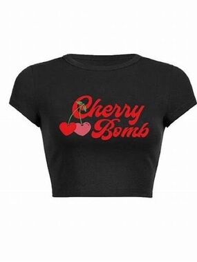 Black 'Cherry Bomb' Cropped Tee with Cherry Graphic